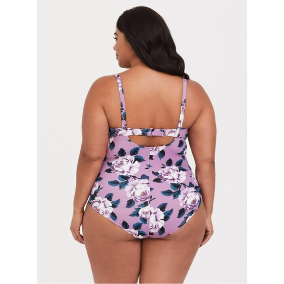 TORRID 2X Underwire Ruched Tie-Front One Piece Swimsuit lavender floral - Picture 2 of 9